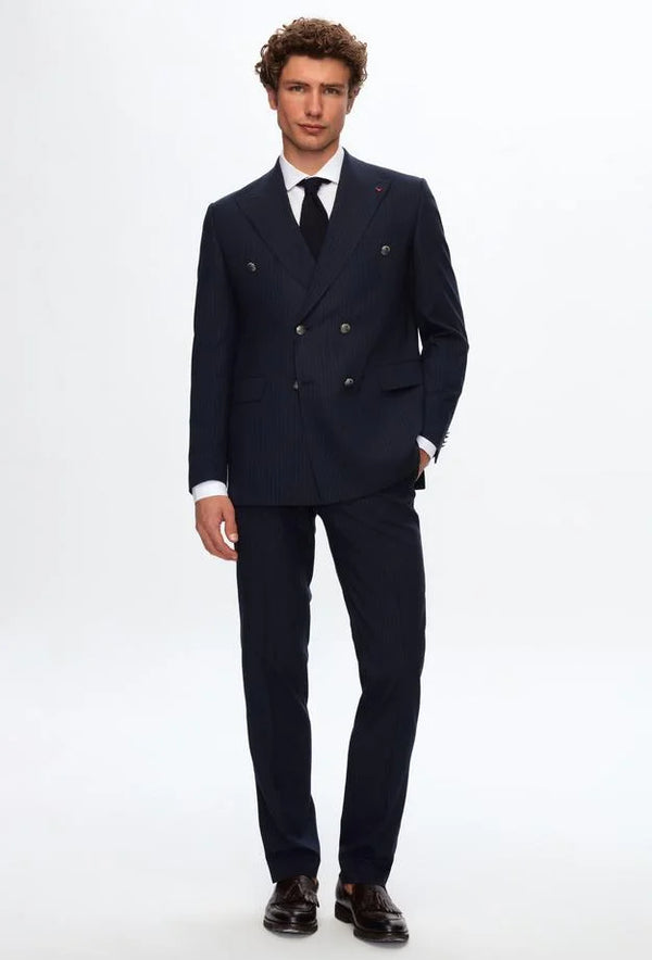 Ds Damat Regular Fit Navy Blue Striped Double Breasted Suit-D'S DAMAT ONLINE