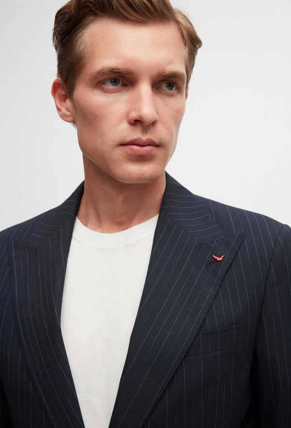 Ds Damat Slim Fit Navy Blue Dobby Pointed Collar Viscose Suit