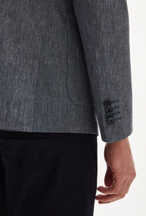 Ds Damat Slim Fit Navy Blue Plain Linen Blend Fabric Jacket