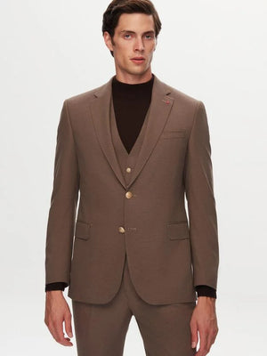 Ds Damat Slim Fit Brown Dobby Suit with Vest-D'S DAMAT ONLINE