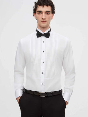Ds Damat Slim Fit White Plain Cotton Satin Double Cuff Fold Collar Tuxedo Shirt-D'S DAMAT ONLINE