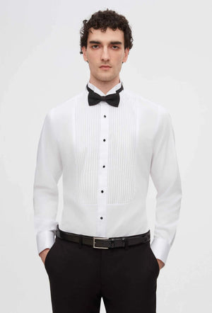Ds Damat Slim Fit White Plain Cotton Satin Double Cuff Fold Collar Tuxedo Shirt-D'S DAMAT ONLINE