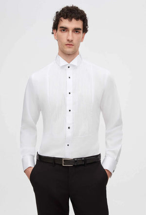 Ds Damat Slim Fit White Plain Cotton Satin Double Cuff Fold Collar Tuxedo Shirt-D'S DAMAT ONLINE