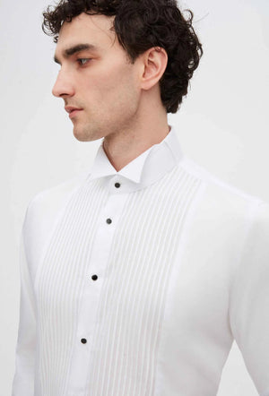 Ds Damat Slim Fit White Plain Cotton Satin Double Cuff Fold Collar Tuxedo Shirt-D'S DAMAT ONLINE
