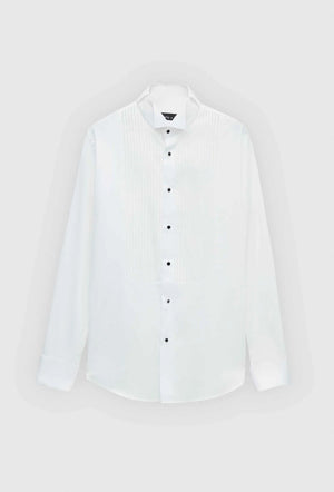 Ds Damat Slim Fit White Plain Cotton Satin Double Cuff Fold Collar Tuxedo Shirt-D'S DAMAT ONLINE