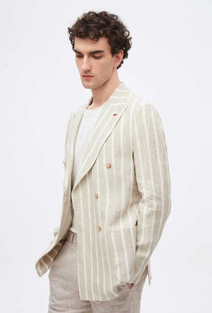 Twn Slim Fit Beige Dobby 100% Linen Double Breasted Fabric Jacket