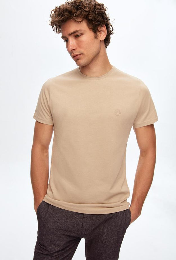 Ds Damat Regular Fit Beige Plain Knitted T-shirt-D'S DAMAT ONLINE