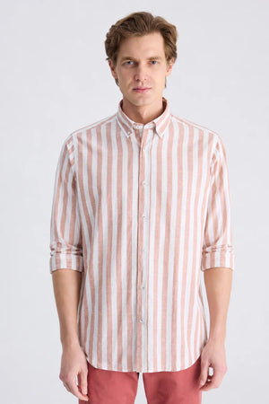 D'S Damat Men's Comfort Fit Striped Cotton Linen Casual Shirt