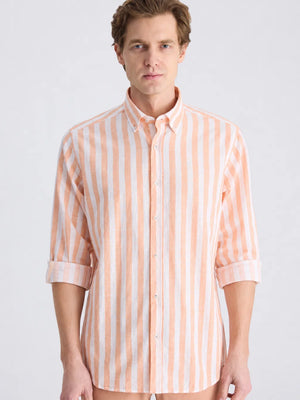 D'S Damat Men's Comfort Fit Striped Cotton Linen Casual Shirt