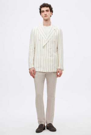 Twn Slim Fit Ecru Dobby 100% Linen Double Breasted Fabric Jacket