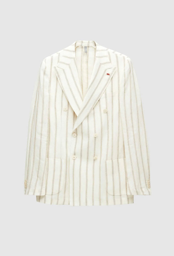 Twn Slim Fit Ecru Dobby 100% Linen Double Breasted Fabric Jacket