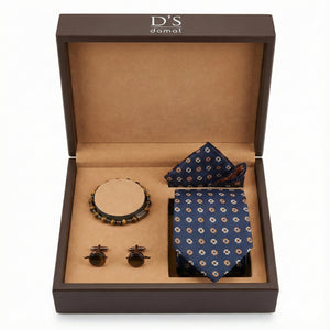 D'S Damat Luxury Men's Accessory Gift Set – Navy Tie, Pocket Square, Cufflinks & Stone Bracelet