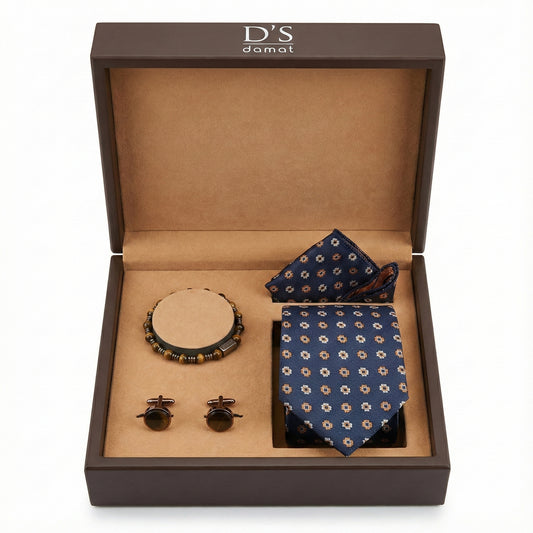 D'S Damat Luxury Men's Accessory Gift Set – Navy Tie, Pocket Square, Cufflinks & Stone Bracelet