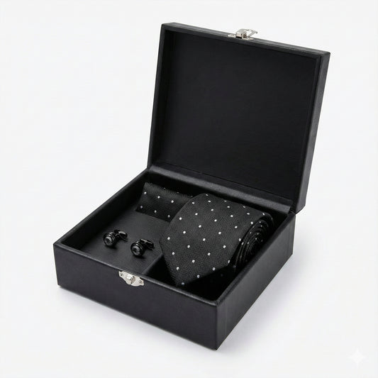D'S Damat Classic Black Gift Set – Polka Dot Tie, Pocket Square & Crystal Cufflinks