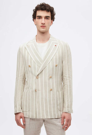 Twn Slim Fit Beige Dobby 100% Linen Double Breasted Fabric Jacket