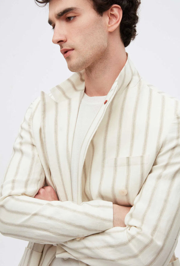 Twn Slim Fit Ecru Dobby 100% Linen Double Breasted Fabric Jacket