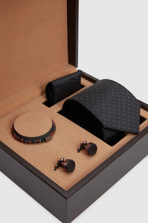 D'S Damat Luxury Men's Accessory Gift Set – Navy Tie, Pocket Square, Cufflinks & Stone Bracelet
