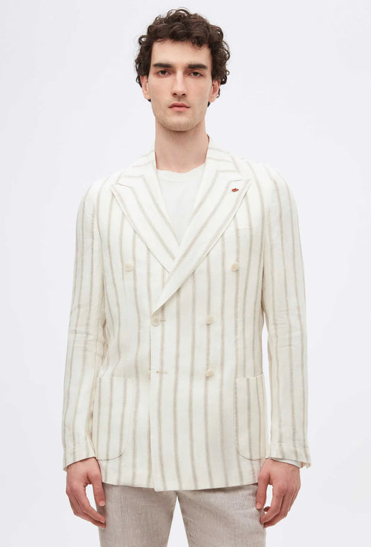 Twn Slim Fit Ecru Dobby 100% Linen Double Breasted Fabric Jacket