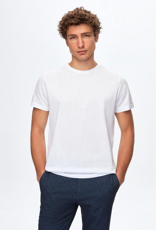 Ds Damat Regular Fit White Plain Knitted T-shirt-D'S DAMAT ONLINE