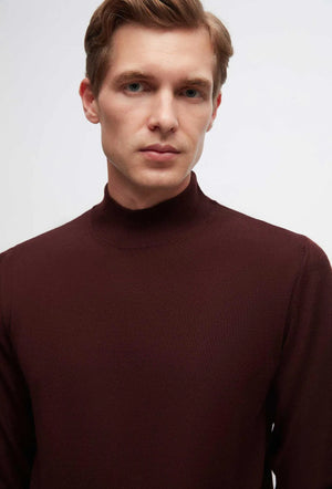 Ds Damat Regular Fit Burgundy Plain Knit Half Turtleneck Wool Knitwear Sweater
