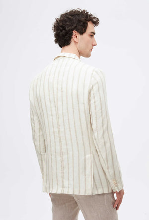 Twn Slim Fit Ecru Dobby 100% Linen Double Breasted Fabric Jacket