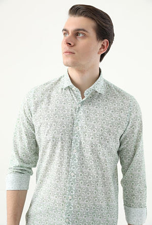 Ds Damat Slim Fit Green Printed 100% Cotton Shirt-D'S DAMAT ONLINE