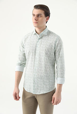 Ds Damat Slim Fit Green Printed 100% Cotton Shirt-D'S DAMAT ONLINE