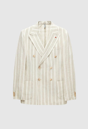 Twn Slim Fit Beige Dobby 100% Linen Double Breasted Fabric Jacket