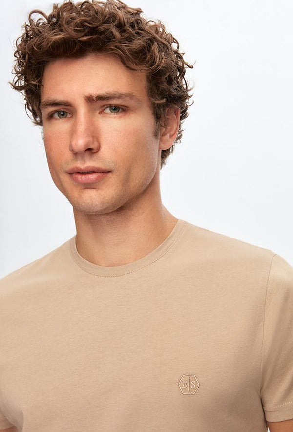 Ds Damat Regular Fit Beige Plain Knitted T-shirt-D'S DAMAT ONLINE