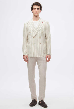 Twn Slim Fit Beige Dobby 100% Linen Double Breasted Fabric Jacket