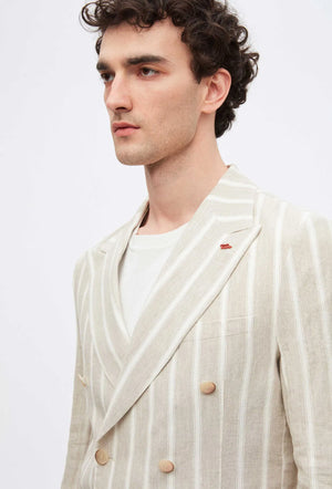 Twn Slim Fit Beige Dobby 100% Linen Double Breasted Fabric Jacket