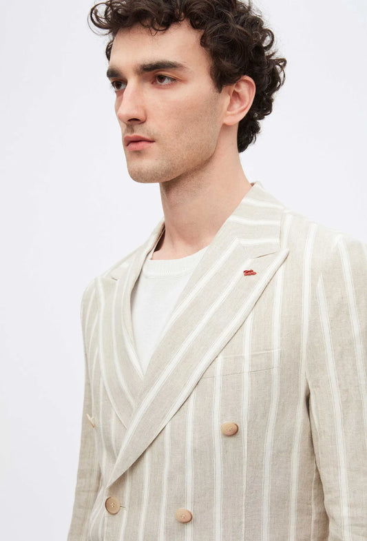 Twn Slim Fit Beige Dobby 100% Linen Double Breasted Fabric Jacket