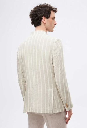 Twn Slim Fit Beige Dobby 100% Linen Double Breasted Fabric Jacket