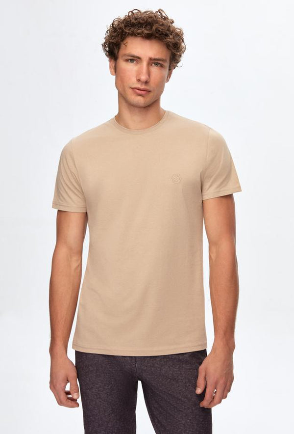 Ds Damat Regular Fit Beige Plain Knitted T-shirt-D'S DAMAT ONLINE