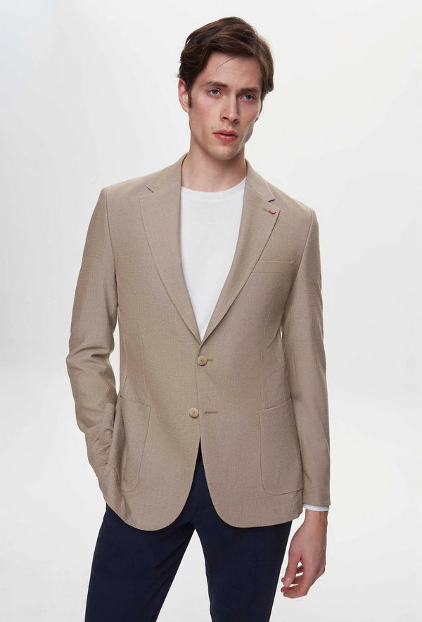 Ds Damat Slim Fit Beige Dobby Fabric Jacket-D'S DAMAT ONLINE