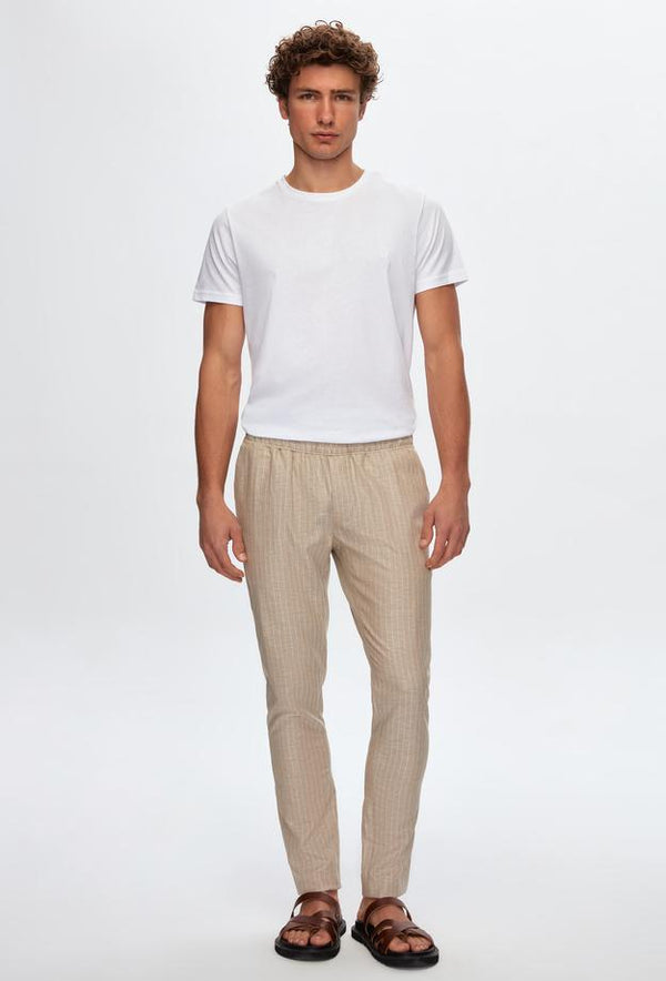 Ds Damat Slim Fit Beige Striped Jogger Trousers-D'S DAMAT ONLINE