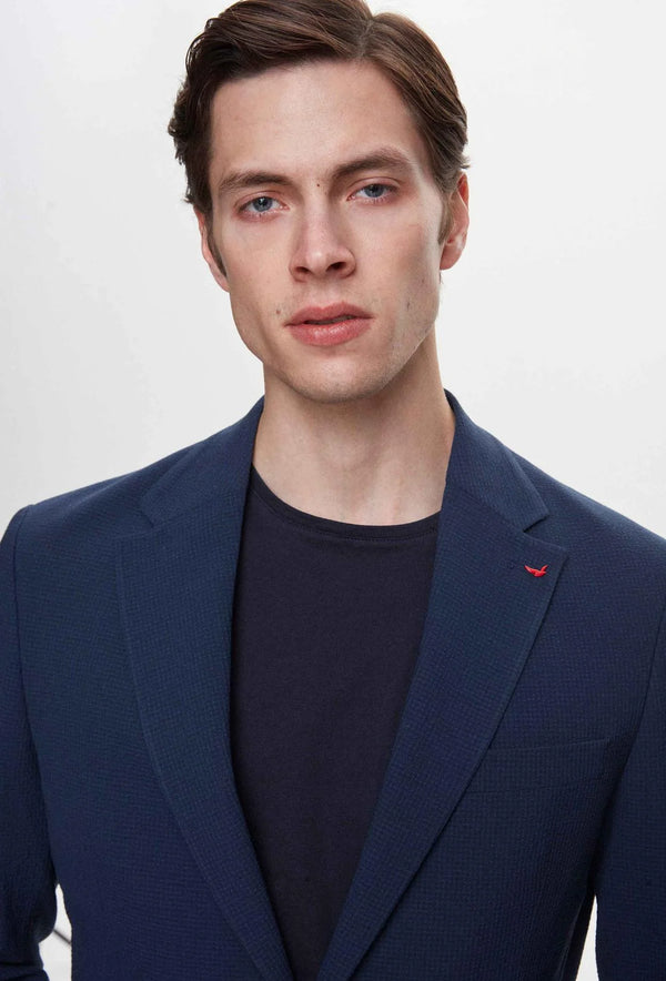 Ds Damat Slim Fit Navy Blue Dobby Fabric Jacket-D'S DAMAT ONLINE