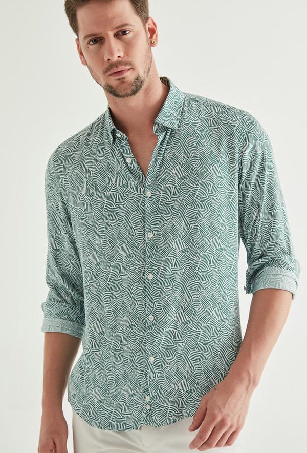 Twn Slim Fit Long Sleeve Pattern Green Shirt-D'S DAMAT ONLINE