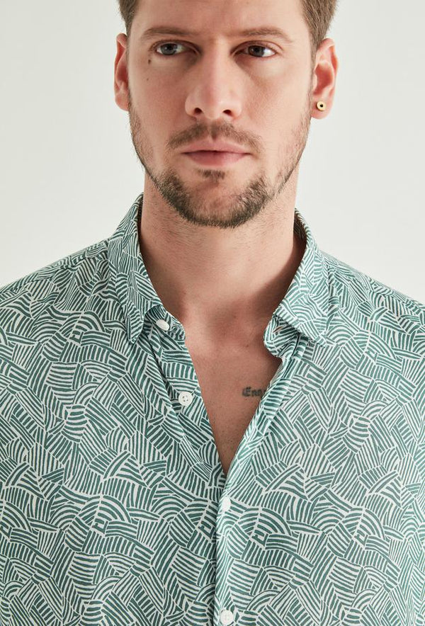 Twn Slim Fit Long Sleeve Pattern Green Shirt-D'S DAMAT ONLINE