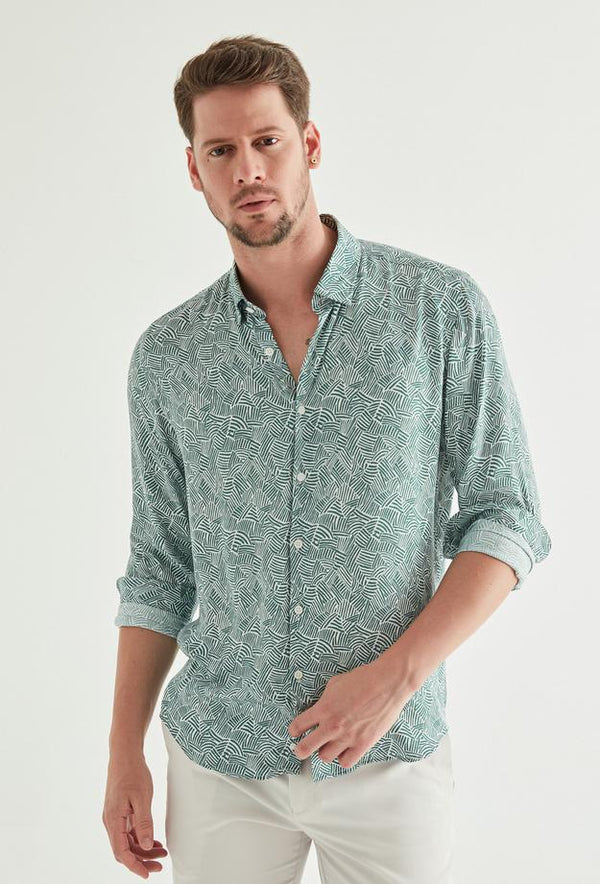 Twn Slim Fit Long Sleeve Pattern Green Shirt-D'S DAMAT ONLINE
